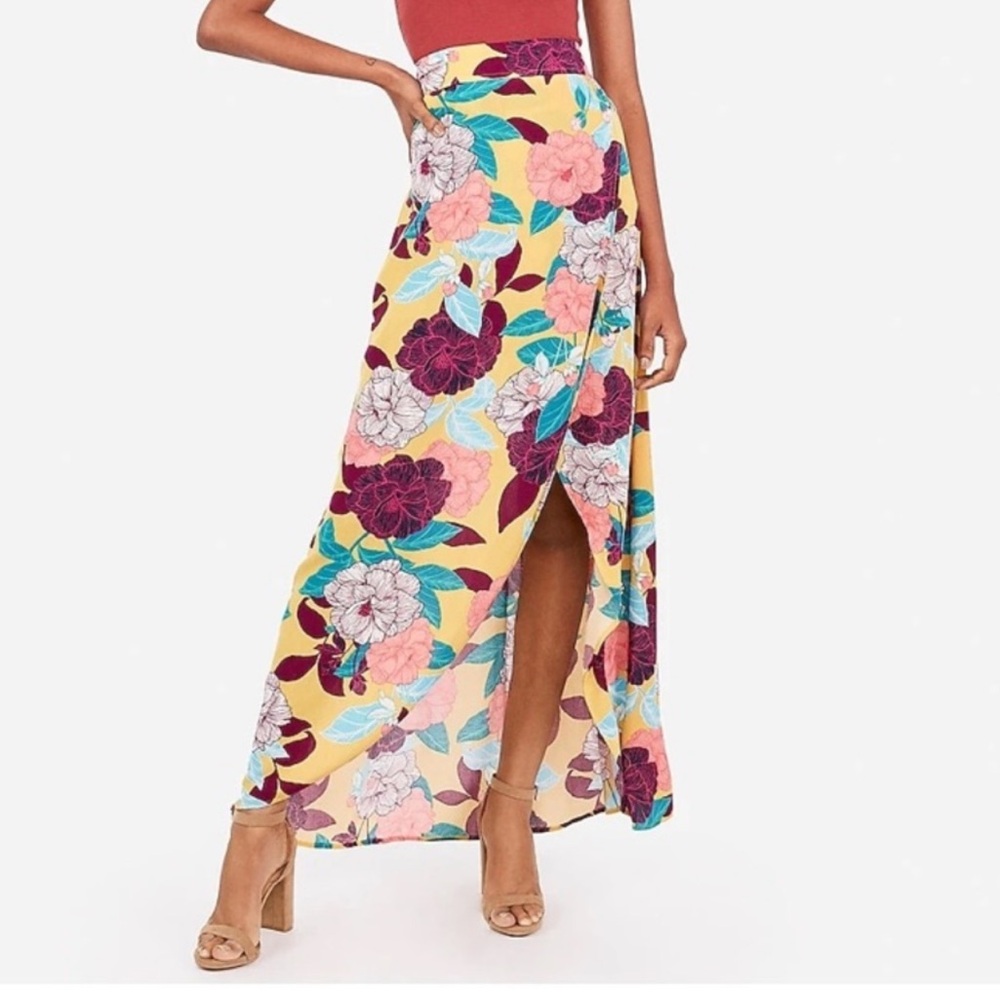 Express Tropical Floral High Low Flowly Maxi Skirt NWOT